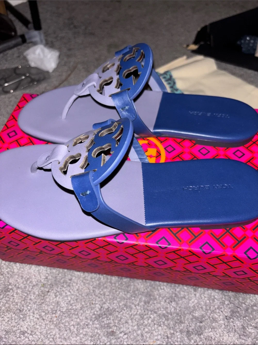 Tory Burch Two-Tone Lavender and Navy Miller Thong Sandals